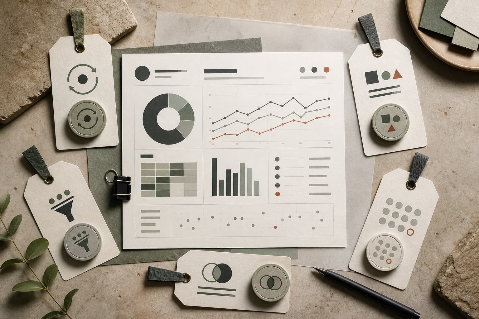 A synthetic dashboard surrounded by physical tags for five independent trust checks.