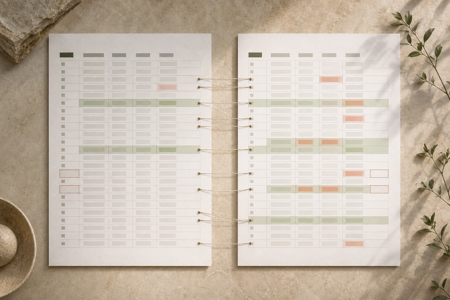 Two synthetic workbook versions aligned row by row with additions and changes marked.