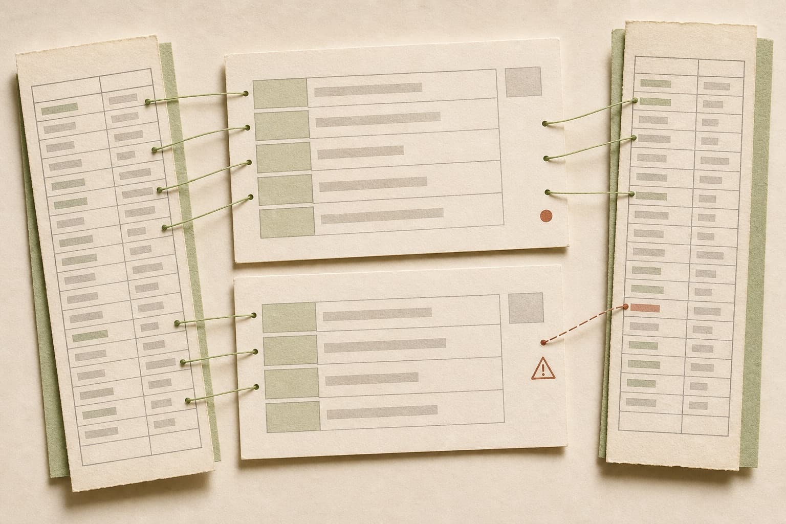 Synthetic record sheets connected by match-key threads, with one near-match held for review.