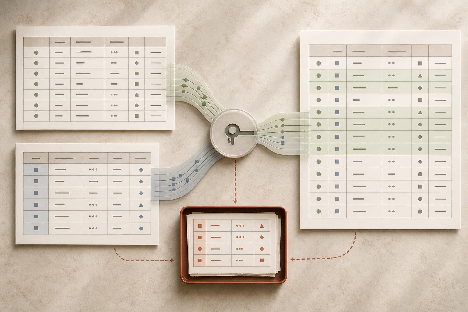 Two synthetic tables merging by key, with unmatched rows preserved in a review tray.