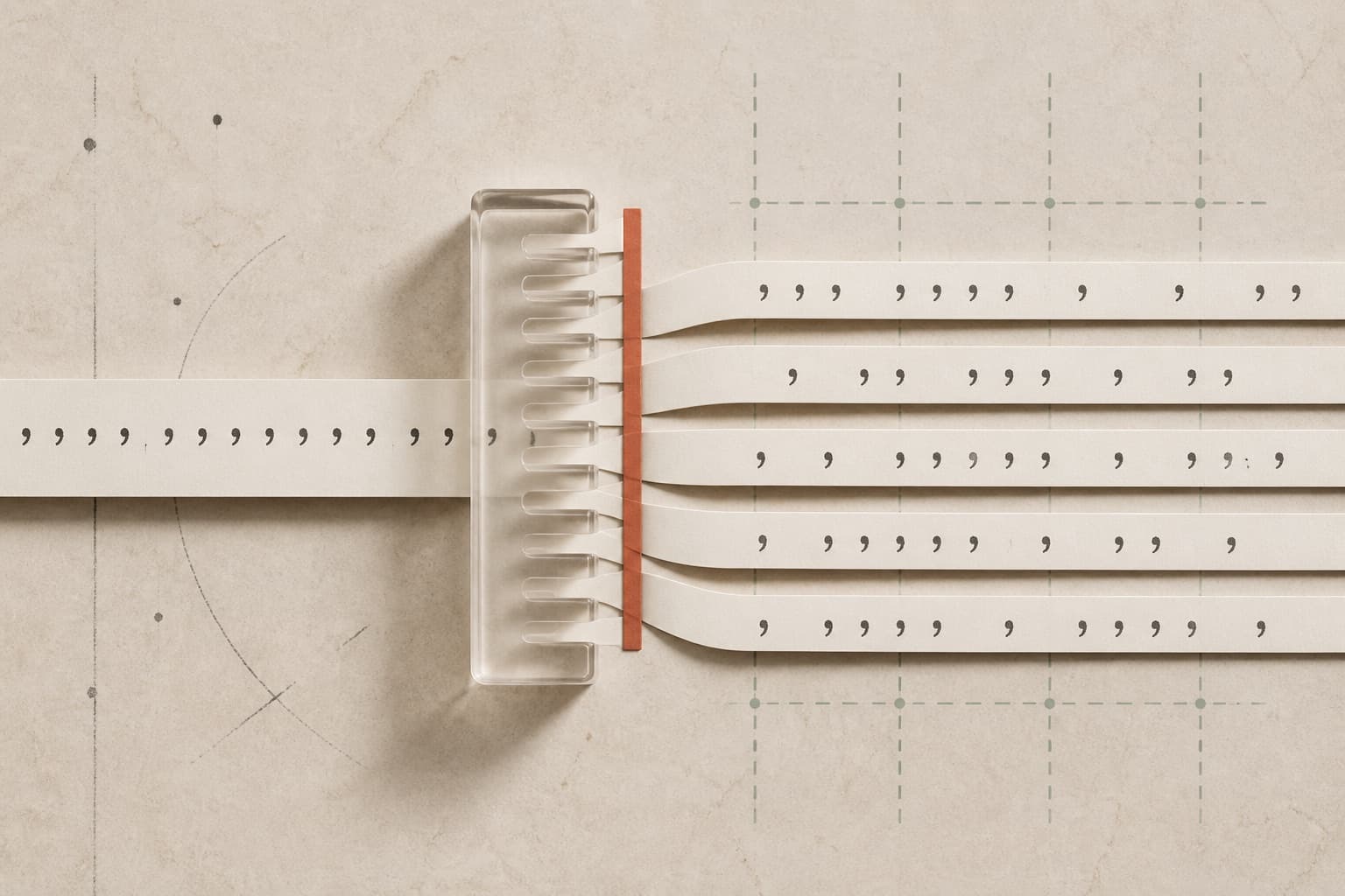 A comma-separated paper ribbon being divided into five orderly columns.