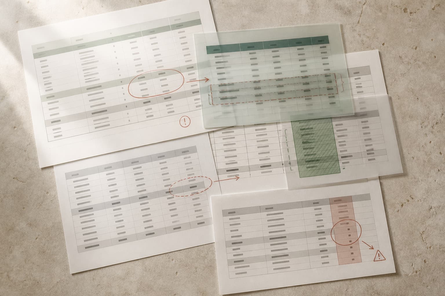 Layered synthetic spreadsheets marking subtotals, duplicates, filters, and omitted values.