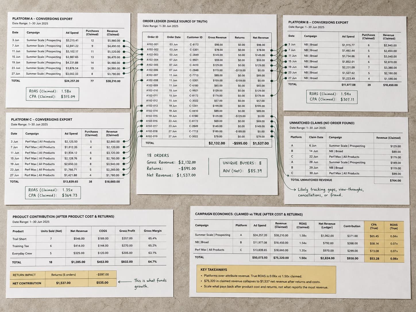 Advertising exports reconciled to one order ledger, with duplicate conversion claims linked together.