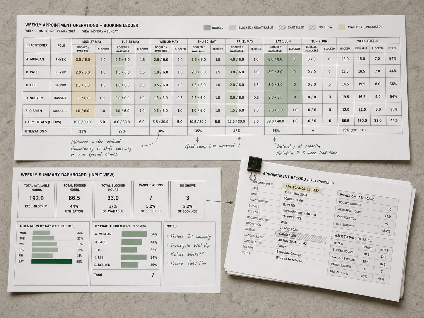 A weekly booking ledger and staff rota showing available hours, utilization and a drill-through record.