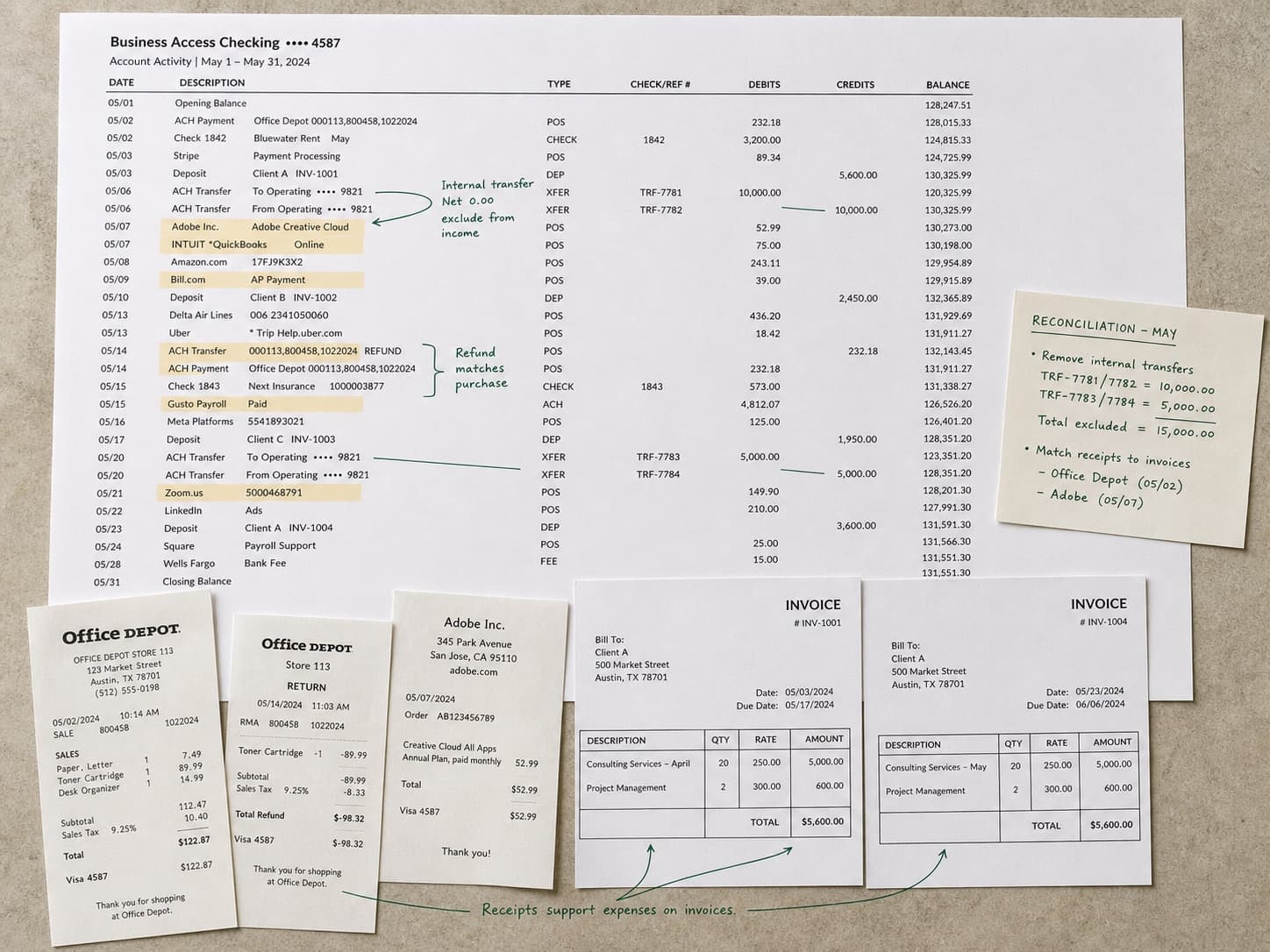 A bank transaction export with transfers, refunds, receipts and invoices reconciled together.