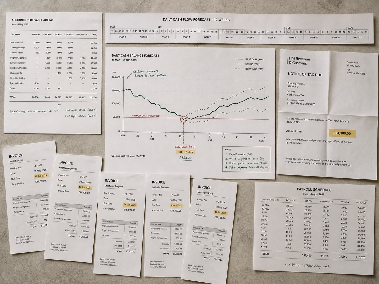 Invoices, payroll and tax records surrounding a daily cash forecast with a marked low point.