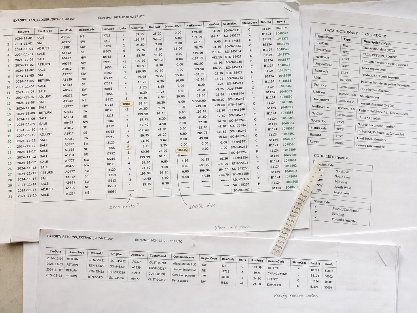 A transaction ledger, returns export and data dictionary marked with questions to investigate.