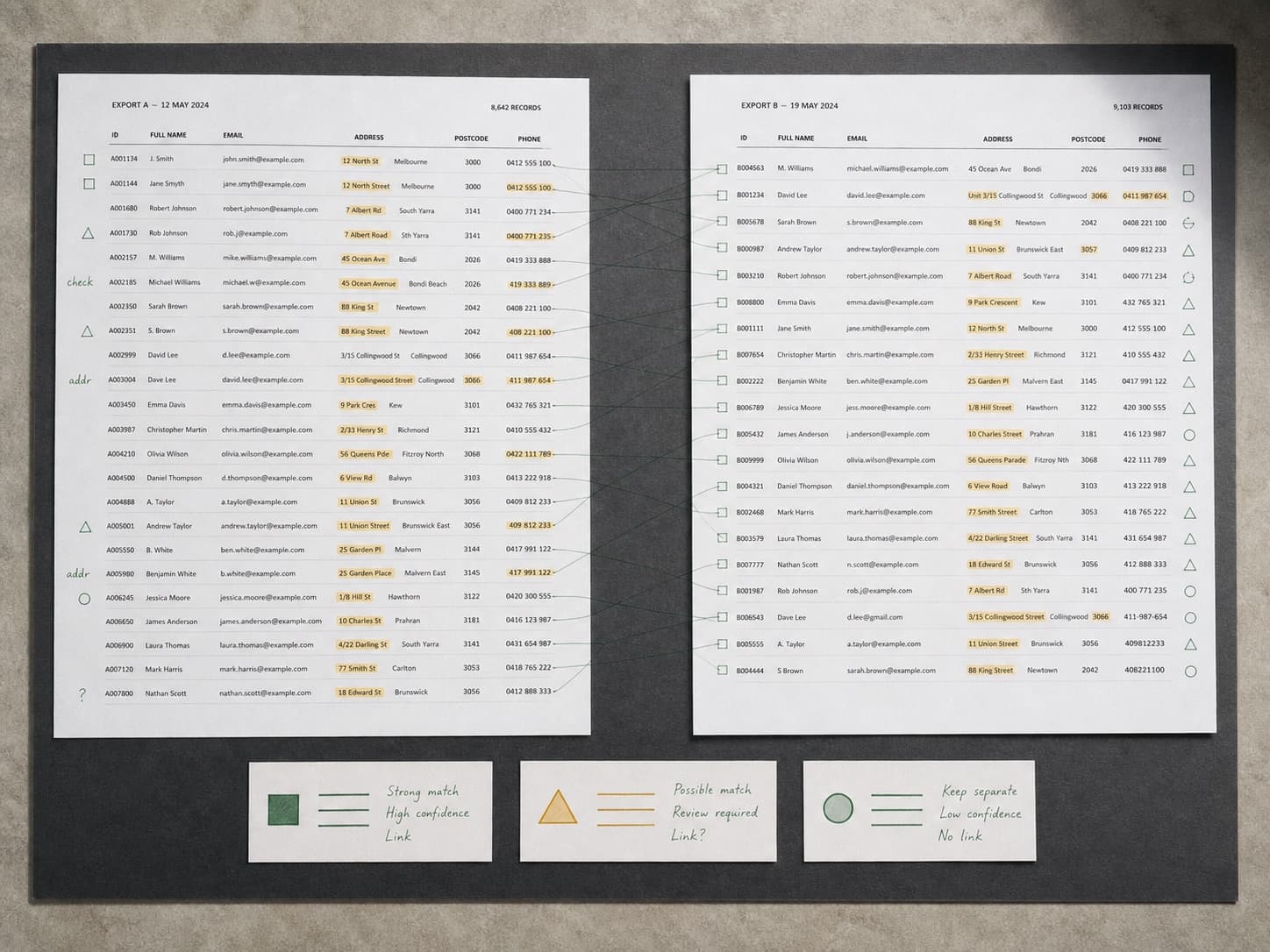 Two contact exports linked across probable duplicates, possible matches and records kept separate.