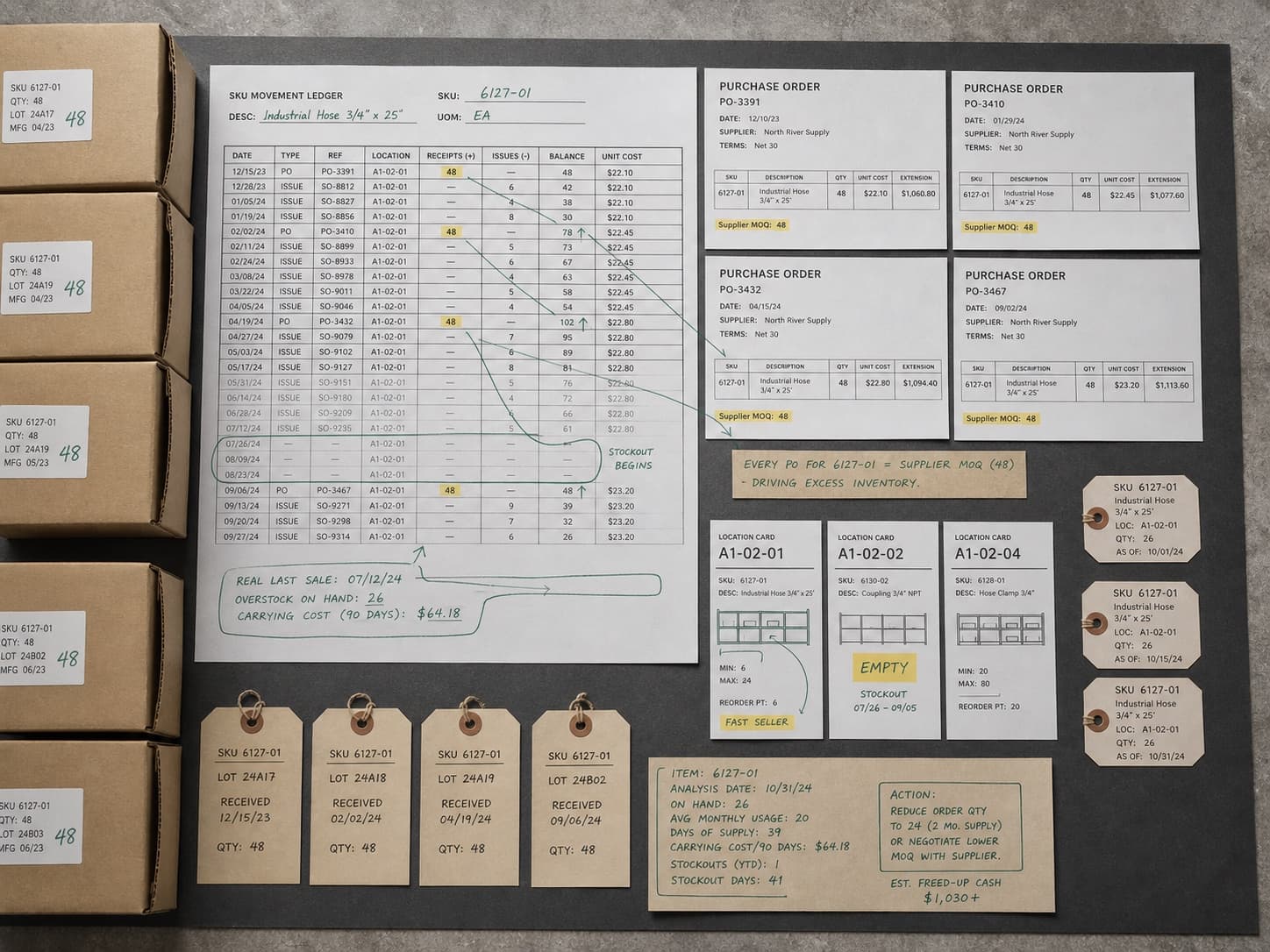 A stock movement ledger, shelf cards and purchase orders tracing excess inventory to supplier minimums.