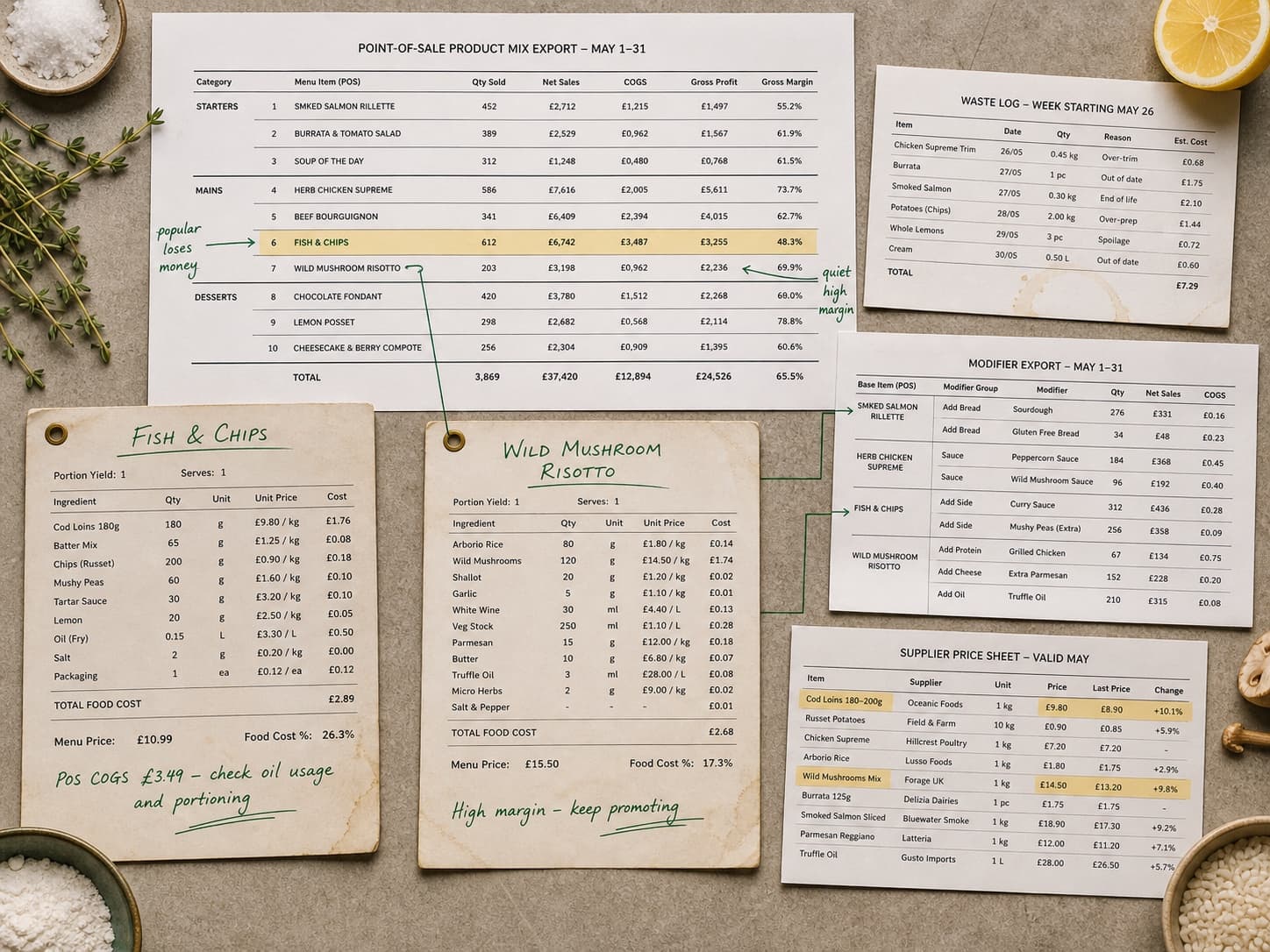 Point-of-sale, recipe, modifier and supplier records comparing dish popularity with contribution.