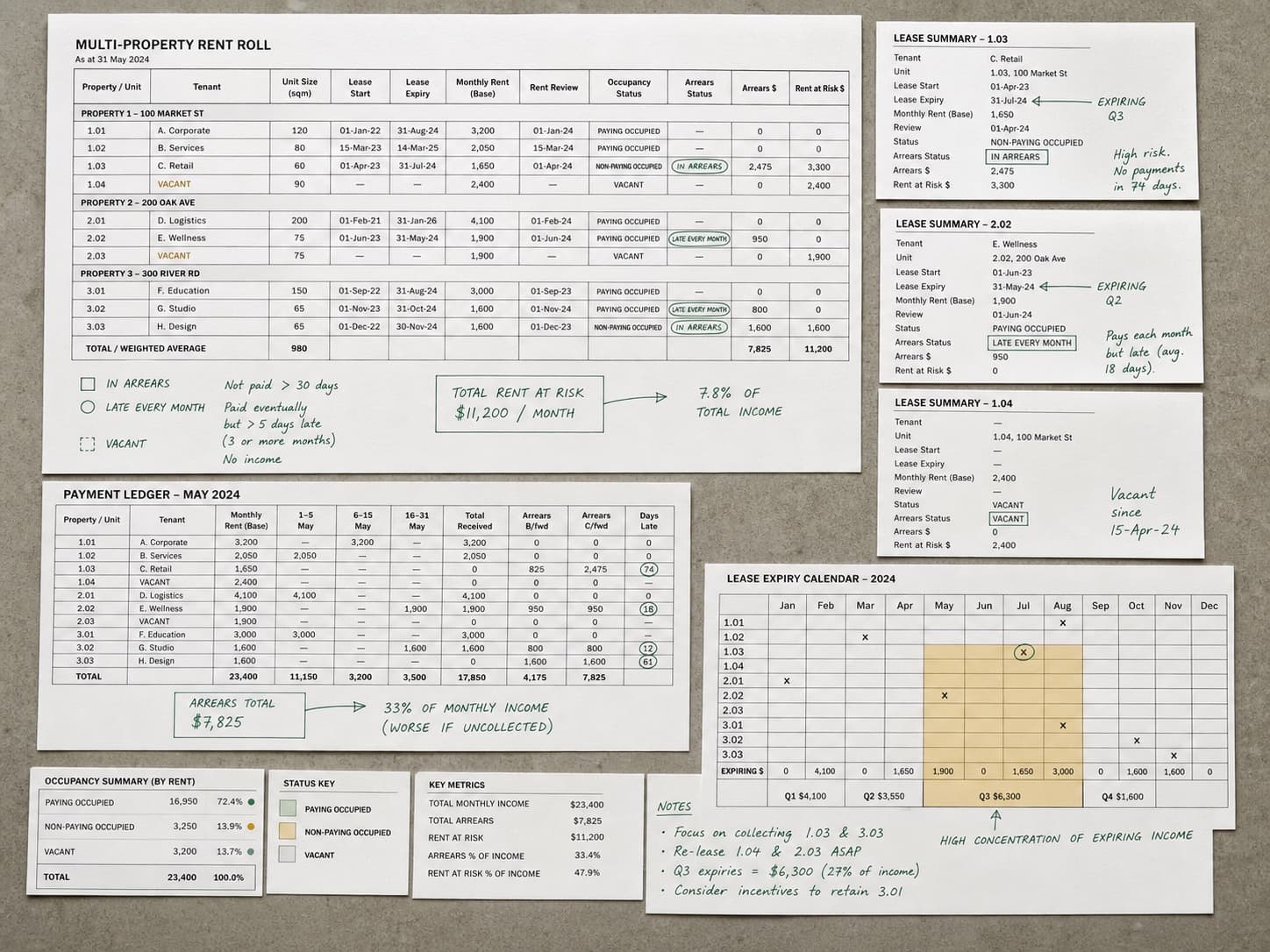 A rent roll, payment ledger and lease calendar separating arrears, habitual lateness and vacancy.