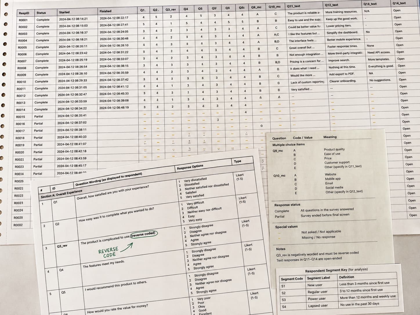 A survey response export beside its questionnaire, coding key and respondent segments.