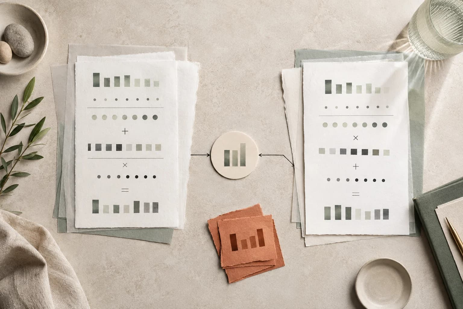 Two independent paper calculation paths converging on one verified chart, with a disputed result set aside.