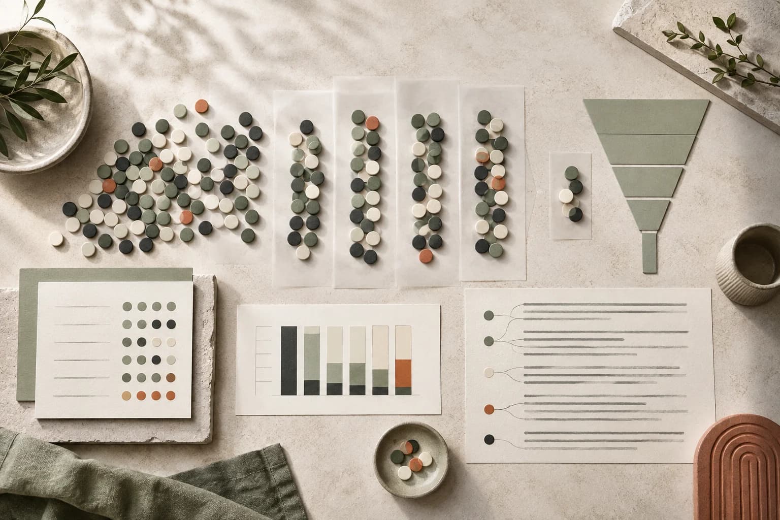 Survey response groups, a completion funnel, and free-text themes linked back to score distributions.