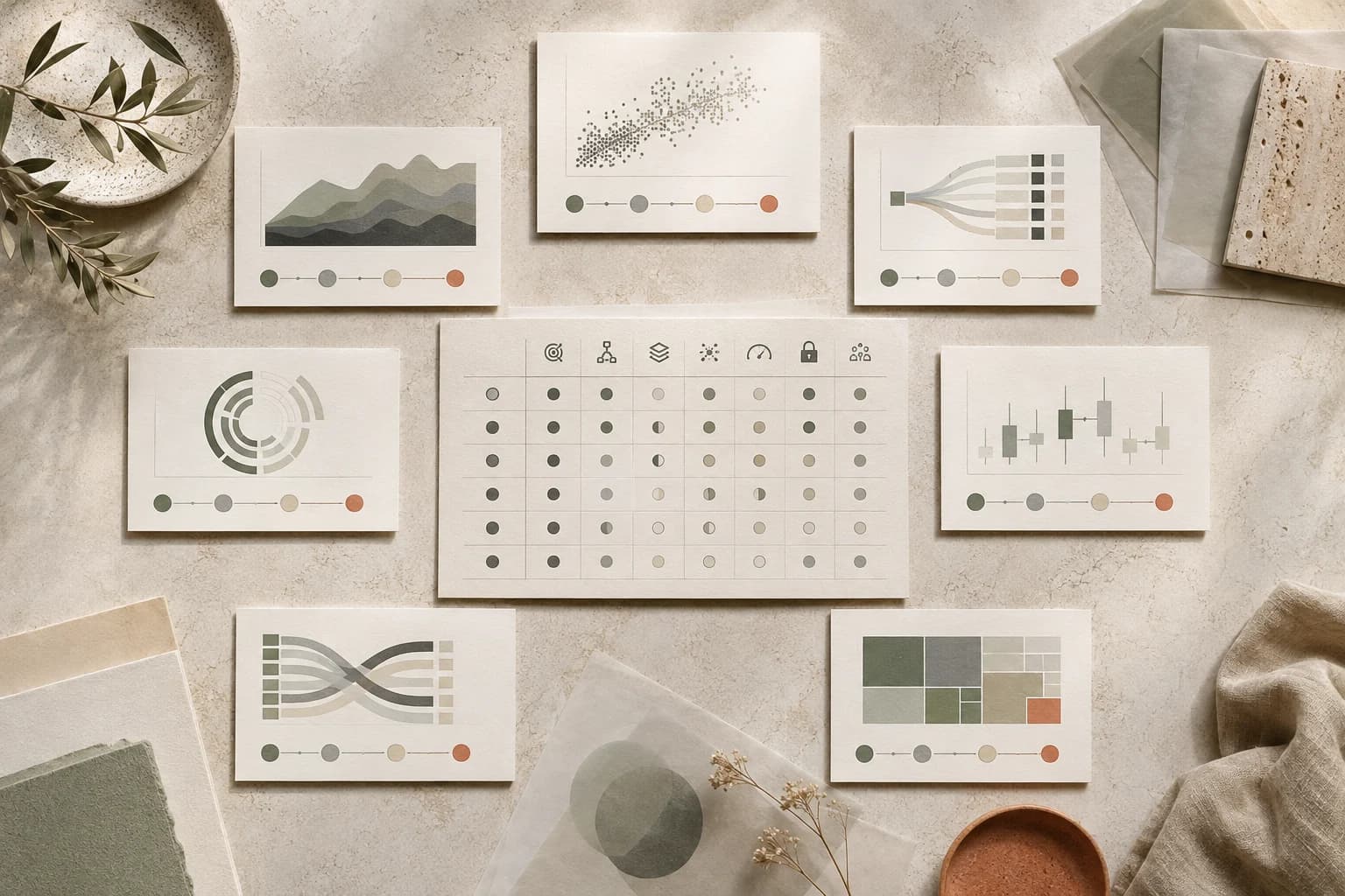 Seven neutral data-tool cards arranged around one balanced workflow comparison matrix.