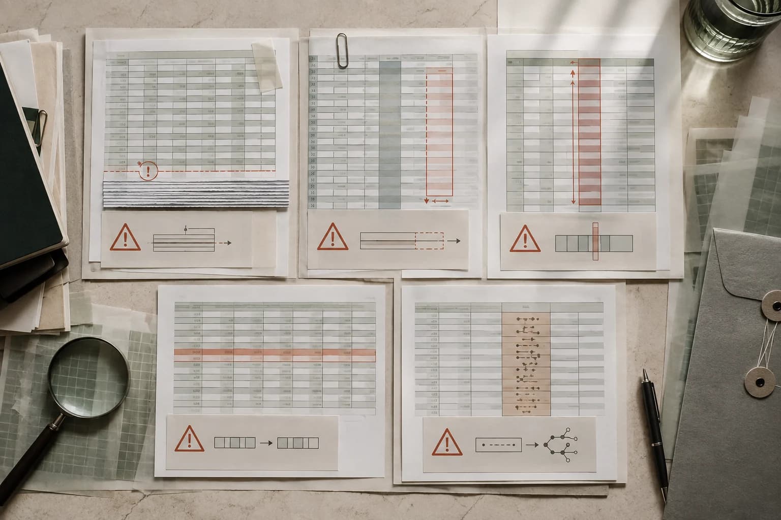 Five spreadsheet failure patterns arranged as a forensic case file with clipped ranges and warning marks.
