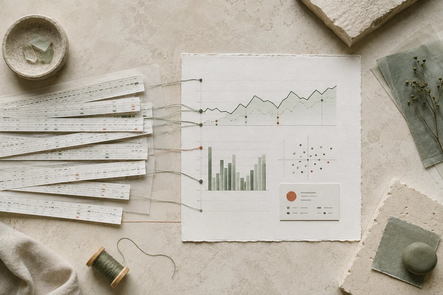 Raw spreadsheet strips connected directly to a clean dashboard of charts and traceable metrics.