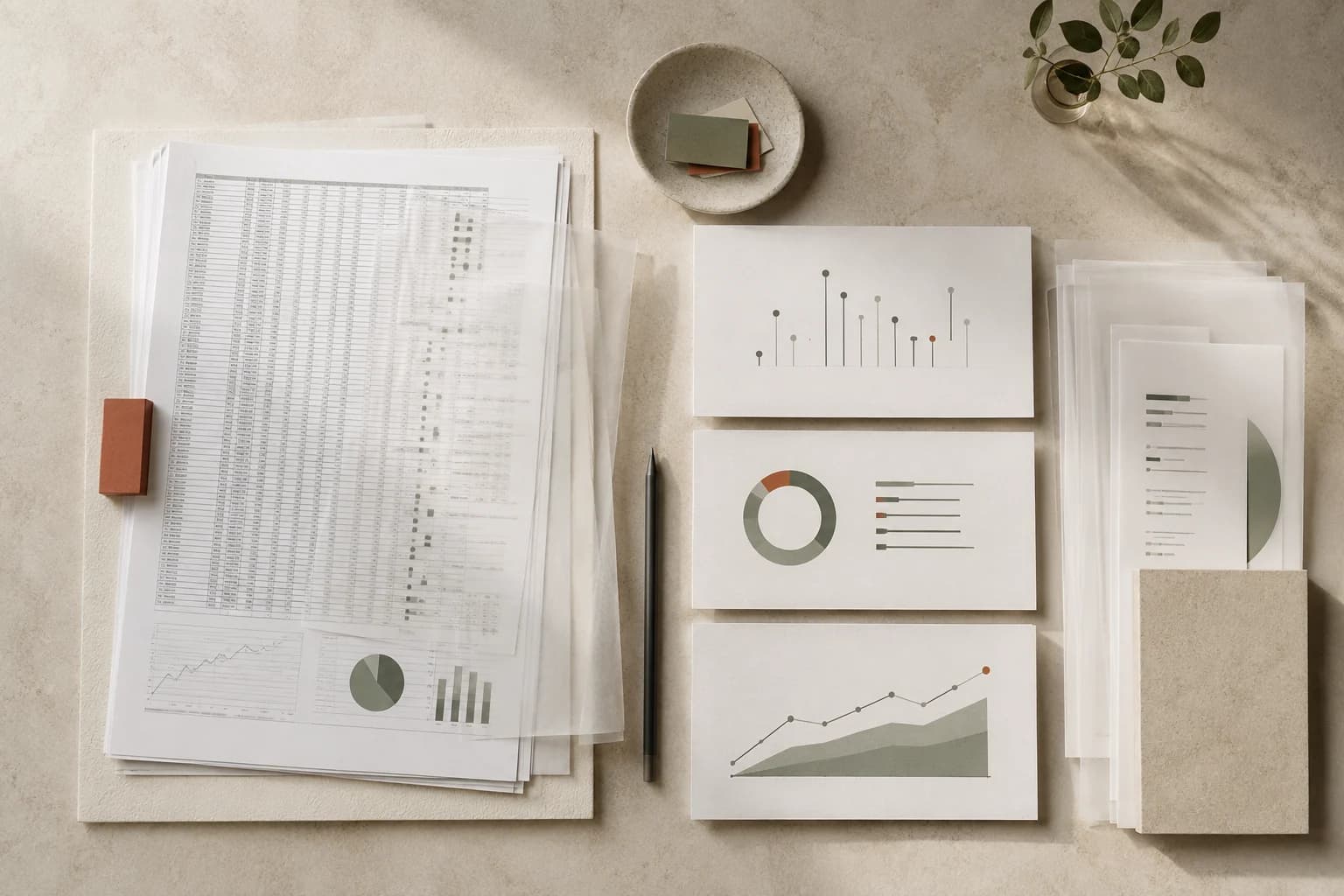 A dense spreadsheet distilled into three clear presentation cards and a separate appendix stack.