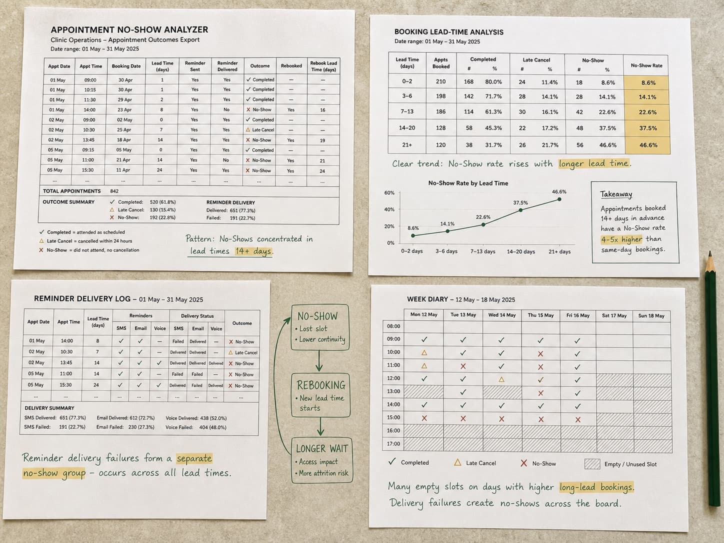 Clinic booking, reminder and lead-time records distinguishing completed visits, cancellations and no-shows.