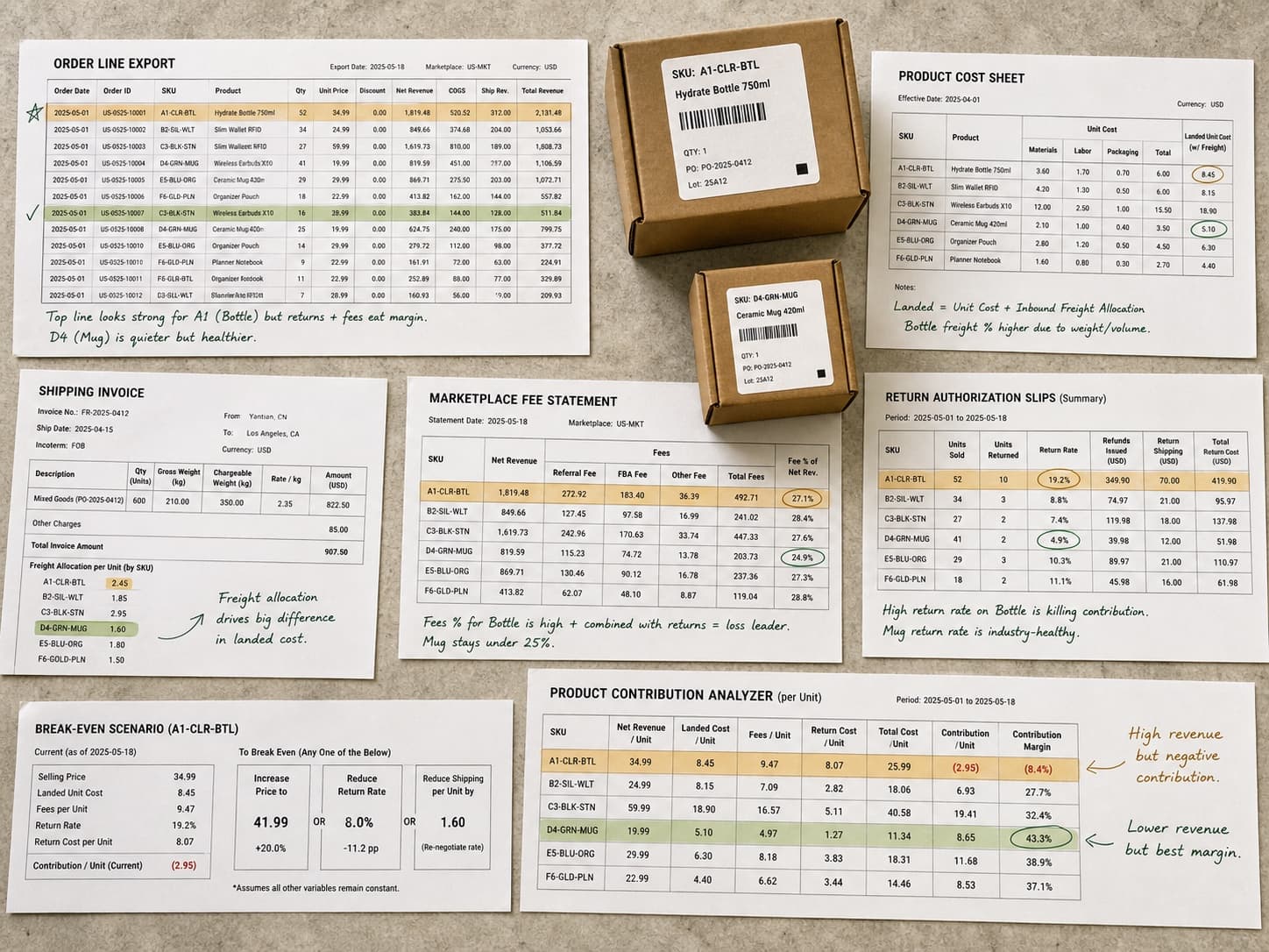 Orders, landed costs, fees and return slips revealing contribution margin for two products.